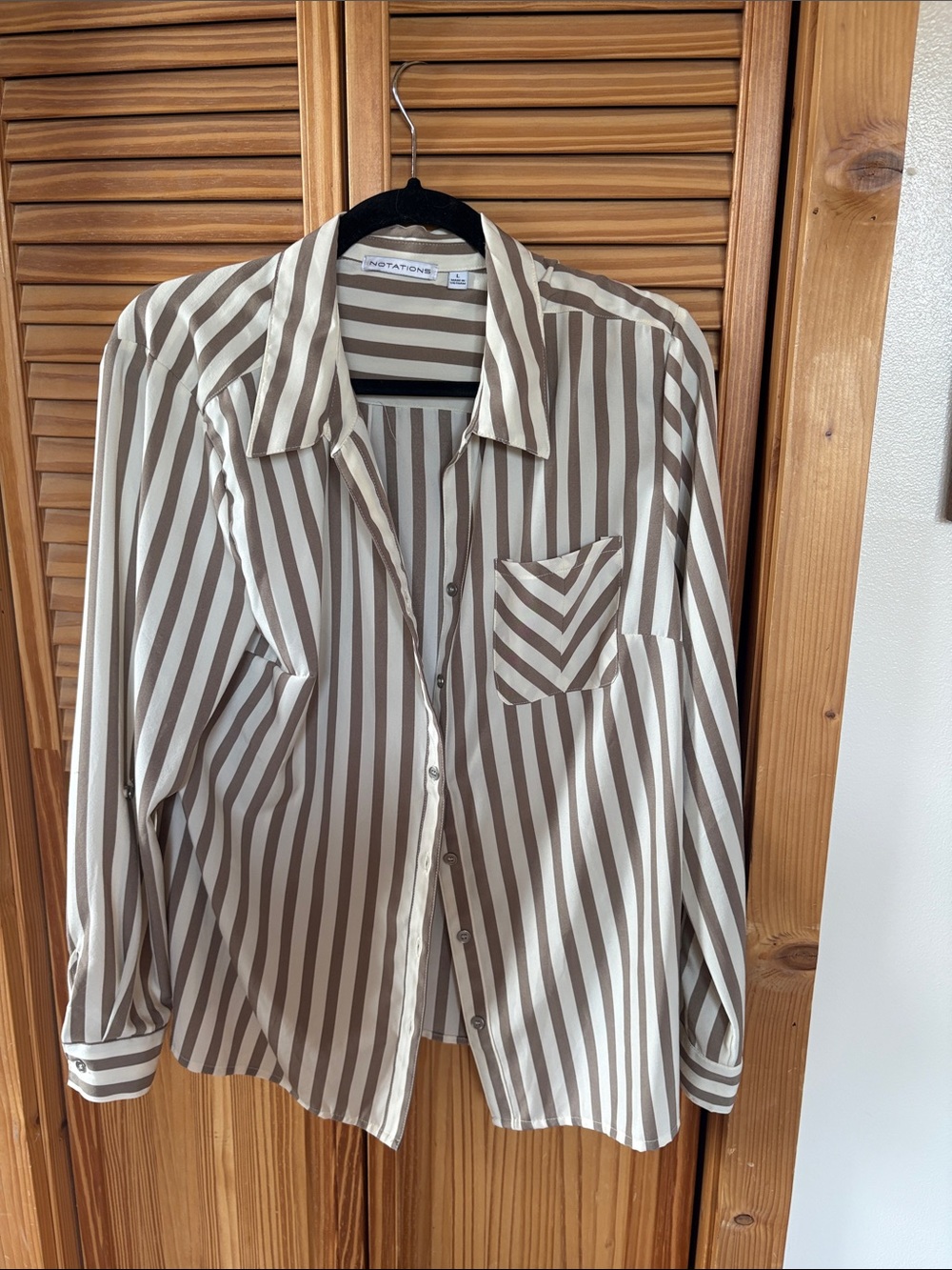 Notations Taupe & White Vertical Stripe Button-Down Blouse